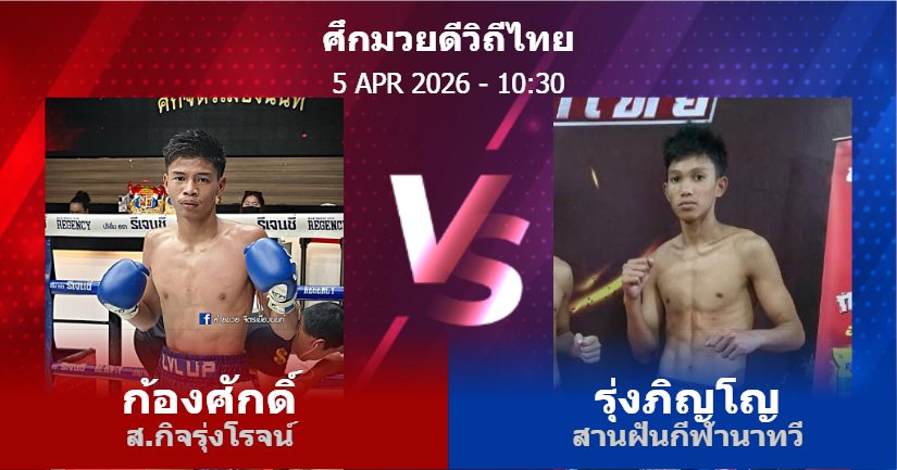 วิเคราะห์ มวย ก้องศักดิ์ ส.กิจรุ่งโรจน์ vs รุ่งภิญโญ สานฝันกีฬานาทวี วันอาทิตย์ที่ 05 เมษายน 2569